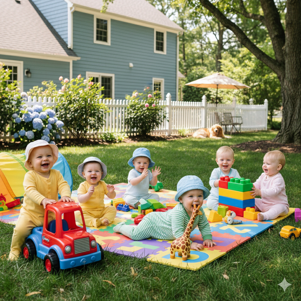 Group of babies playing outdoors on a colorful mat with toys in a garden setting.